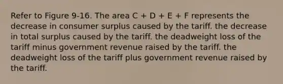 Refer to Figure 9-16. The area C + D + E + F represents the decrease in consumer surplus caused by the tariff. the decrease in total surplus caused by the tariff. the deadweight loss of the tariff minus government revenue raised by the tariff. the deadweight loss of the tariff plus government revenue raised by the tariff.