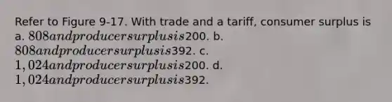 Refer to Figure 9-17. With trade and a tariff, consumer surplus is a. 808 and producer surplus is200. b. 808 and producer surplus is392. c. 1,024 and producer surplus is200. d. 1,024 and producer surplus is392.