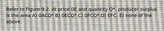 Refer to Figure 9.2. At price 0E and quantity Q*, producer surplus is the area A) 0ACQ* B) 0ECQ* C) 0FCQ* D) EFC. E) none of the above.