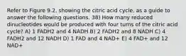 Refer to Figure 9.2, showing the citric acid cycle, as a guide to answer the following questions. 38) How many reduced dinucleotides would be produced with four turns of the citric acid cycle? A) 1 FADH2 and 4 NADH B) 2 FADH2 and 8 NADH C) 4 FADH2 and 12 NADH D) 1 FAD and 4 NAD+ E) 4 FAD+ and 12 NAD+