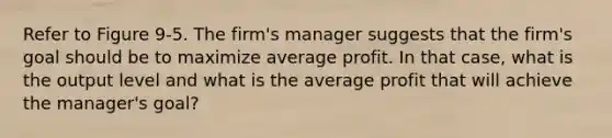 Refer to Figure 9-5. The firm's manager suggests that the firm's goal should be to maximize average profit. In that case, what is the output level and what is the average profit that will achieve the manager's goal?