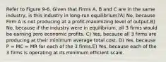 Refer to Figure 9-6. Given that Firms A, B and C are in the same industry, is this industry in long-run equilibrium?A) No, because Firm A is not producing at a profit-maximizing level of output.B) No, because if the industry were in equilibrium, all 3 firms would be earning zero economic profits. C) Yes, because all 3 firms are producing at their minimum average total cost. D) Yes, because P = MC = MR for each of the 3 firms.E) Yes, because each of the 3 firms is operating at its minimum efficient scale.