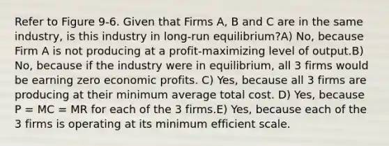 Refer to Figure 9-6. Given that Firms A, B and C are in the same industry, is this industry in long-run equilibrium?A) No, because Firm A is not producing at a profit-maximizing level of output.B) No, because if the industry were in equilibrium, all 3 firms would be earning zero economic profits. C) Yes, because all 3 firms are producing at their minimum average total cost. D) Yes, because P = MC = MR for each of the 3 firms.E) Yes, because each of the 3 firms is operating at its minimum efficient scale.