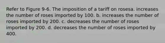 Refer to Figure 9-6. The imposition of a tariff on rosesa. increases the number of roses imported by 100. b. increases the number of roses imported by 200. c. decreases the number of roses imported by 200. d. decreases the number of roses imported by 400.