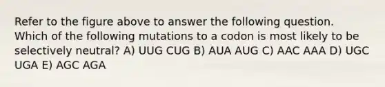 Refer to the figure above to answer the following question. Which of the following mutations to a codon is most likely to be selectively neutral? A) UUG CUG B) AUA AUG C) AAC AAA D) UGC UGA E) AGC AGA