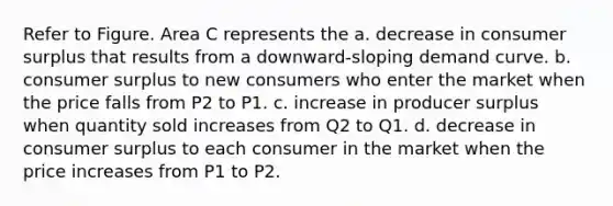 Refer to Figure. Area C represents the a. decrease in consumer surplus that results from a downward-sloping demand curve. b. consumer surplus to new consumers who enter the market when the price falls from P2 to P1. c. increase in producer surplus when quantity sold increases from Q2 to Q1. d. decrease in consumer surplus to each consumer in the market when the price increases from P1 to P2.