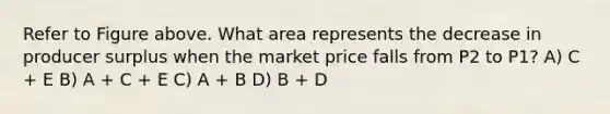 Refer to Figure above. What area represents the decrease in producer surplus when the market price falls from P2 to P1? A) C + E B) A + C + E C) A + B D) B + D