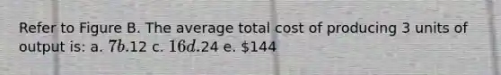 Refer to Figure B. The average total cost of producing 3 units of output is: a. 7 b.12 c. 16 d.24 e. 144