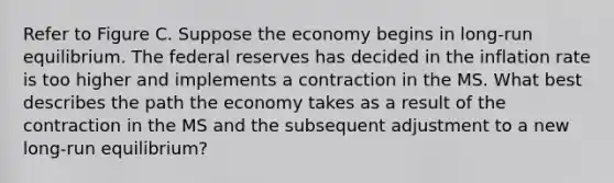 Refer to Figure C. Suppose the economy begins in long-run equilibrium. The federal reserves has decided in the inflation rate is too higher and implements a contraction in the MS. What best describes the path the economy takes as a result of the contraction in the MS and the subsequent adjustment to a new long-run equilibrium?