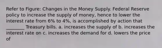 Refer to Figure: Changes in the Money Supply. Federal Reserve policy to increase the supply of money, hence to lower the interest rate from 6% to 4%, is accomplished by action that ________ Treasury bills. a. increases the supply of b. increases the interest rate on c. increases the demand for d. lowers the price of