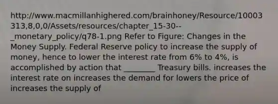 http://www.macmillanhighered.com/brainhoney/Resource/10003313,8,0,0/Assets/resources/chapter_15-30--_monetary_policy/q78-1.png Refer to Figure: Changes in the Money Supply. Federal Reserve policy to increase the supply of money, hence to lower the interest rate from 6% to 4%, is accomplished by action that ________ Treasury bills. increases the interest rate on increases the demand for lowers the price of increases the supply of