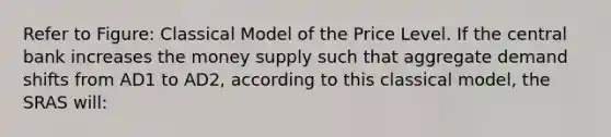 Refer to Figure: Classical Model of the Price Level. If the central bank increases the money supply such that aggregate demand shifts from AD1 to AD2, according to this classical model, the SRAS will: