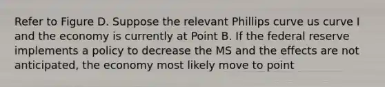 Refer to Figure D. Suppose the relevant Phillips curve us curve I and the economy is currently at Point B. If the federal reserve implements a policy to decrease the MS and the effects are not anticipated, the economy most likely move to point