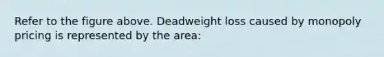 Refer to the figure above. Deadweight loss caused by monopoly pricing is represented by the area: