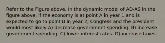 Refer to the Figure above. In the dynamic model of AD-AS in the figure above, if the economy is at point A in year 1 and is expected to go to point B in year 2, Congress and the president would most likely A) decrease government spending. B) increase government spending. C) lower interest rates. D) increase taxes.