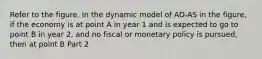 Refer to the figure. In the dynamic model of AD-AS in the​ figure, if the economy is at point A in year 1 and is expected to go to point B in year​ 2, and no fiscal or monetary policy is​ pursued, then at point B Part 2