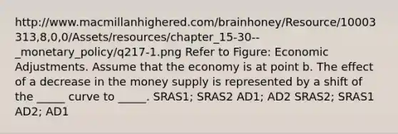 http://www.macmillanhighered.com/brainhoney/Resource/10003313,8,0,0/Assets/resources/chapter_15-30--_monetary_policy/q217-1.png Refer to Figure: Economic Adjustments. Assume that the economy is at point b. The effect of a decrease in the money supply is represented by a shift of the _____ curve to _____. SRAS1; SRAS2 AD1; AD2 SRAS2; SRAS1 AD2; AD1