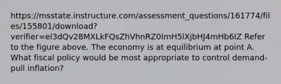 https://msstate.instructure.com/assessment_questions/161774/files/155801/download?verifier=el3dQv28MXLkFQsZhVhnRZ0ImH5lXjbHJ4mHb6IZ Refer to the figure above. The economy is at equilibrium at point A. What fiscal policy would be most appropriate to control demand-pull inflation?