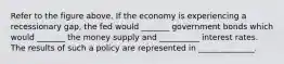 Refer to the figure above. If the economy is experiencing a recessionary gap, the fed would _______ government bonds which would _______ the money supply and __________ interest rates. The results of such a policy are represented in ______________.