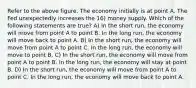 Refer to the above figure. The economy initially is at point A. The Fed unexpectedly increases the 16) money supply. Which of the following statements are true? A) In the short run, the economy will move from point A to point B. In the long run, the economy will move back to point A. B) In the short run, the economy will move from point A to point C. In the long run, the economy will move to point B. C) In the short run, the economy will move from point A to point B. In the long run, the economy will stay at point B. D) In the short run, the economy will move from point A to point C. In the long run, the economy will move back to point A.