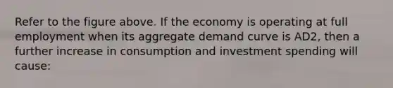 Refer to the figure above. If the economy is operating at full employment when its aggregate demand curve is AD2, then a further increase in consumption and investment spending will cause: