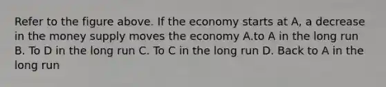 Refer to the figure above. If the economy starts at A, a decrease in the money supply moves the economy A.to A in the long run B. To D in the long run C. To C in the long run D. Back to A in the long run