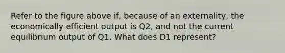 Refer to the figure above if, because of an externality, the economically efficient output is Q2, and not the current equilibrium output of Q1. What does D1 represent?