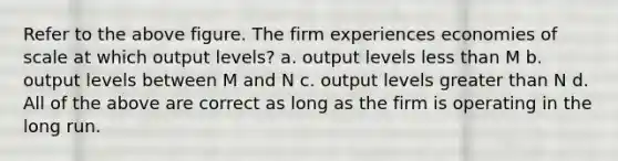 Refer to the above figure. The firm experiences economies of scale at which output levels? a. output levels less than M b. output levels between M and N c. output levels greater than N d. All of the above are correct as long as the firm is operating in the long run.