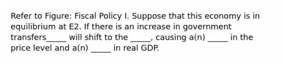 Refer to Figure: Fiscal Policy I. Suppose that this economy is in equilibrium at E2. If there is an increase in government transfers_____ will shift to the _____, causing a(n) _____ in the price level and a(n) _____ in real GDP.