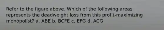 Refer to the figure above. Which of the following areas represents the deadweight loss from this profit-maximizing monopolist? a. ABE b. BCFE c. EFG d. ACG