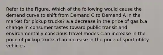 Refer to the Figure. Which of the following would cause the demand curve to shift from Demand C to Demand A in the market for pickup trucks? a.a decrease in the price of gas b.a change in consumer tastes toward public transit and environmentally conscious travel modes c.an increase in the price of pickup trucks d.an increase in the price of sport utility vehicles