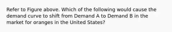 Refer to Figure above. Which of the following would cause the demand curve to shift from Demand A to Demand B in the market for oranges in the United States?