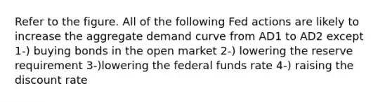 Refer to the figure. All of the following Fed actions are likely to increase the aggregate demand curve from AD1 to AD2 except 1-) buying bonds in the open market 2-) lowering the reserve requirement 3-)lowering the federal funds rate 4-) raising the discount rate