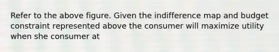 Refer to the above figure. Given the indifference map and budget constraint represented above the consumer will maximize utility when she consumer at