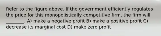 Refer to the figure above. If the government efficiently regulates the price for this monopolistically competitive firm, the firm will ________. A) make a negative profit B) make a positive profit C) decrease its marginal cost D) make zero profit