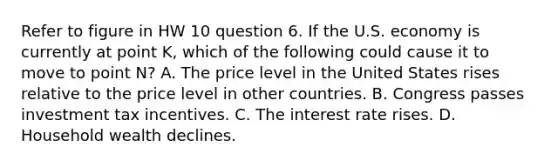 Refer to figure in HW 10 question 6. If the U.S. economy is currently at point K, which of the following could cause it to move to point N? A. The price level in the United States rises relative to the price level in other countries. B. Congress passes investment tax incentives. C. The interest rate rises. D. Household wealth declines.