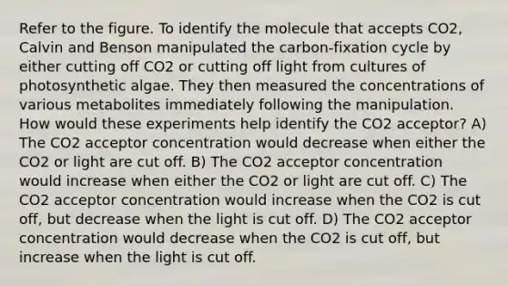 Refer to the figure. To identify the molecule that accepts CO2, Calvin and Benson manipulated the carbon-fixation cycle by either cutting off CO2 or cutting off light from cultures of photosynthetic algae. They then measured the concentrations of various metabolites immediately following the manipulation. How would these experiments help identify the CO2 acceptor? A) The CO2 acceptor concentration would decrease when either the CO2 or light are cut off. B) The CO2 acceptor concentration would increase when either the CO2 or light are cut off. C) The CO2 acceptor concentration would increase when the CO2 is cut off, but decrease when the light is cut off. D) The CO2 acceptor concentration would decrease when the CO2 is cut off, but increase when the light is cut off.