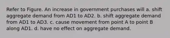 Refer to Figure. An increase in government purchases will a. shift aggregate demand from AD1 to AD2. b. shift aggregate demand from AD1 to AD3. c. cause movement from point A to point B along AD1. d. have no effect on aggregate demand.