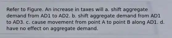 Refer to Figure. An increase in taxes will a. shift aggregate demand from AD1 to AD2. b. shift aggregate demand from AD1 to AD3. c. cause movement from point A to point B along AD1. d. have no effect on aggregate demand.