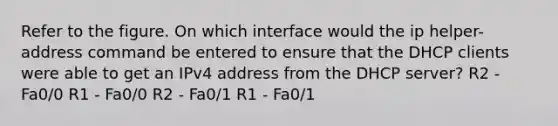 Refer to the figure. On which interface would the ip helper-address command be entered to ensure that the DHCP clients were able to get an IPv4 address from the DHCP server? R2 - Fa0/0 R1 - Fa0/0 R2 - Fa0/1 R1 - Fa0/1