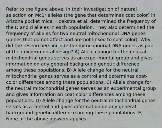 Refer to the figure above. In their investigation of natural selection on Mc1r alleles (the gene that determines coat color) in Arizona pocket mice, Hoekstra et al. determined the frequency of the D and d alleles in each population. They also determined the frequency of alleles for two neutral mitochondrial DNA genes (genes that do not affect and are not linked to coat color). Why did the researchers include the mitochondrial DNA genes as part of their experimental design? A) Allele change for the neutral mitochondrial genes serves as an experimental group and gives information on any general background genetic difference among these populations. B) Allele change for the neutral mitochondrial genes serves as a control and determines coat- color differences among these populations. C) Allele change for the neutral mitochondrial genes serves as an experimental group and gives information on coat-color differences among these populations. D) Allele change for the neutral mitochondrial genes serves as a control and gives information on any general background genetic difference among these populations. E) None of the above answers applies.