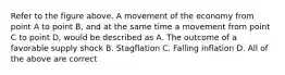 Refer to the figure above. A movement of the economy from point A to point B, and at the same time a movement from point C to point D, would be described as A. The outcome of a favorable supply shock B. Stagflation C. Falling inflation D. All of the above are correct