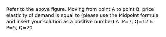 Refer to the above figure. Moving from point A to point B, price elasticity of demand is equal to (please use the Midpoint formula and insert your solution as a positive number) A- P=7, Q=12 B- P=5, Q=20