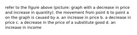 refer to the figure above (picture: graph with a decrease in price and increase in quantity). the movement from point b to point a on the graph is caused by a. an increase in price b. a decrease in price c. a decrease in the price of a substitute good d. an increase in income