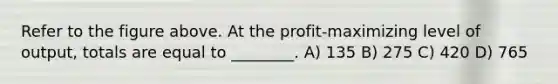 Refer to the figure above. At the profit-maximizing level of output, totals are equal to ________. A) 135 B) 275 C) 420 D) 765