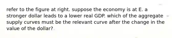 refer to the figure at right. suppose the economy is at E. a stronger dollar leads to a lower real GDP. which of the aggregate supply curves must be the relevant curve after the change in the value of the dollar?