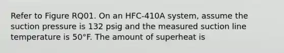 Refer to Figure RQ01. On an HFC-410A system, assume the suction pressure is 132 psig and the measured suction line temperature is 50°F. The amount of superheat is