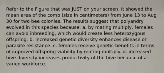 Refer to the Figure that was JUST on your screen. It showed the mean area of the comb (size in centimeters) from June 13 to Aug 30 for two bee colonies. The results suggest that polyandry evolved in this species because: a. by mating multiply, females can avoid inbreeding, which would create less heterozygous offspring. b. increased genetic diversity enhances disease or parasite resistance. c. females receive genetic benefits in terms of improved offspring viability by mating multiply. d. increased hive diversity increases productivity of the hive because of a varied workforce.