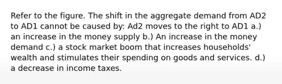 Refer to the figure. The shift in the aggregate demand from AD2 to AD1 cannot be caused by: Ad2 moves to the right to AD1 a.) an increase in the money supply b.) An increase in the money demand c.) a stock market boom that increases households' wealth and stimulates their spending on goods and services. d.) a decrease in income taxes.