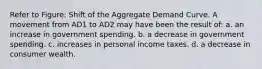 Refer to Figure: Shift of the Aggregate Demand Curve. A movement from AD1 to AD2 may have been the result of: a. an increase in government spending. b. a decrease in government spending. c. increases in personal income taxes. d. a decrease in consumer wealth.